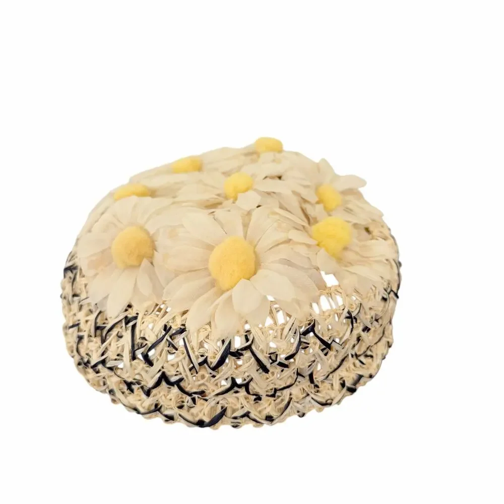 Vtg 1960s Daisy Pillbox Woven Hat Whimsy Grannycore